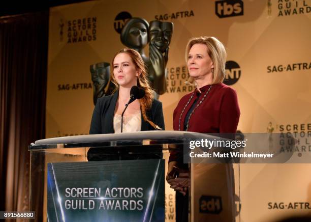 Awards Committee Member Elizabeth McLaughlin and SAG Awards Committee Chair JoBeth Williams speak onstage during the 24th Annual SAG Awards...
