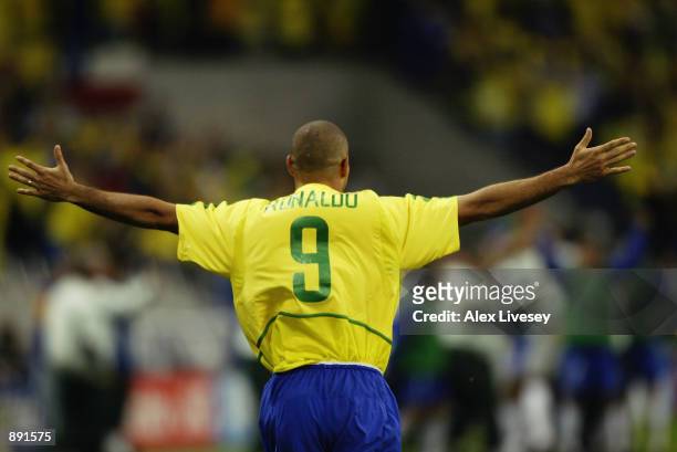 Ronaldo of Brazil celebrates scoring the winning goal during the FIFA World Cup Finals 2002 Semi-Final match between Brazil and Turkey played at the...