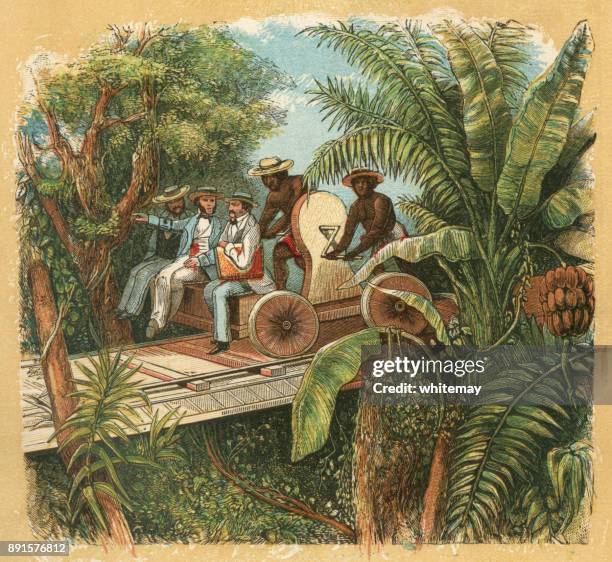 railroad men riding in a crank handcar on elevated rails - panama stock illustrations