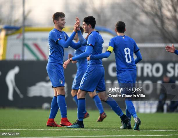 Alessandro Bastoni of Italy celebrates after scoring the fifth goal during the international friendly match between Italy U19 and Finland U19 on...