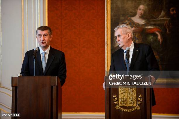 Czech Prime Minister and ANO party leader Andrej Babis and Czech President Milos Zeman give a press conference after Zeman appointed the new Czech...