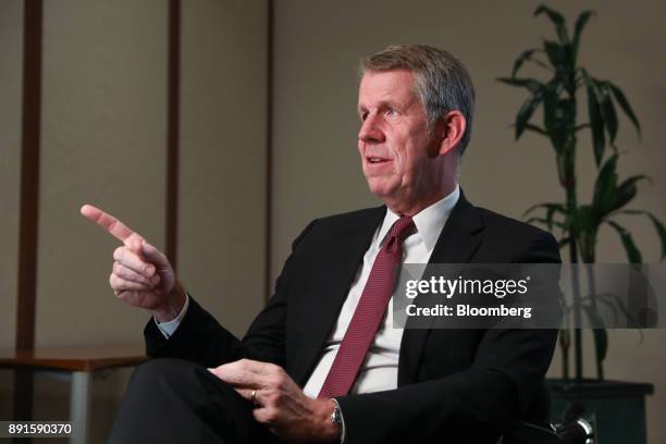 Fritz Joussen, chief executive officer of TUI AG, gestures while speaking during a Bloomberg Television interview in London, U.K., on Wednesday, Dec....