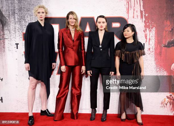 Gwendoline Christie, Laura Dern, Daisy Ridley and Kelly Marie Tran attend the 'Star Wars: The Last Jedi' photocall at Corinthia Hotel London on...