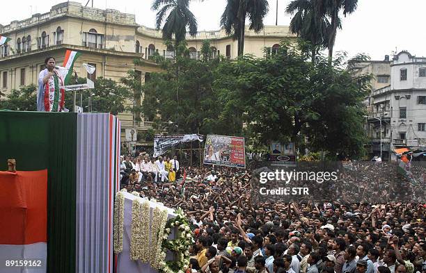Indian railway minister and Trinamool Congress leader Mamata Banerjee addresses thousands of supporters gathered for the annual TMC party rally in...