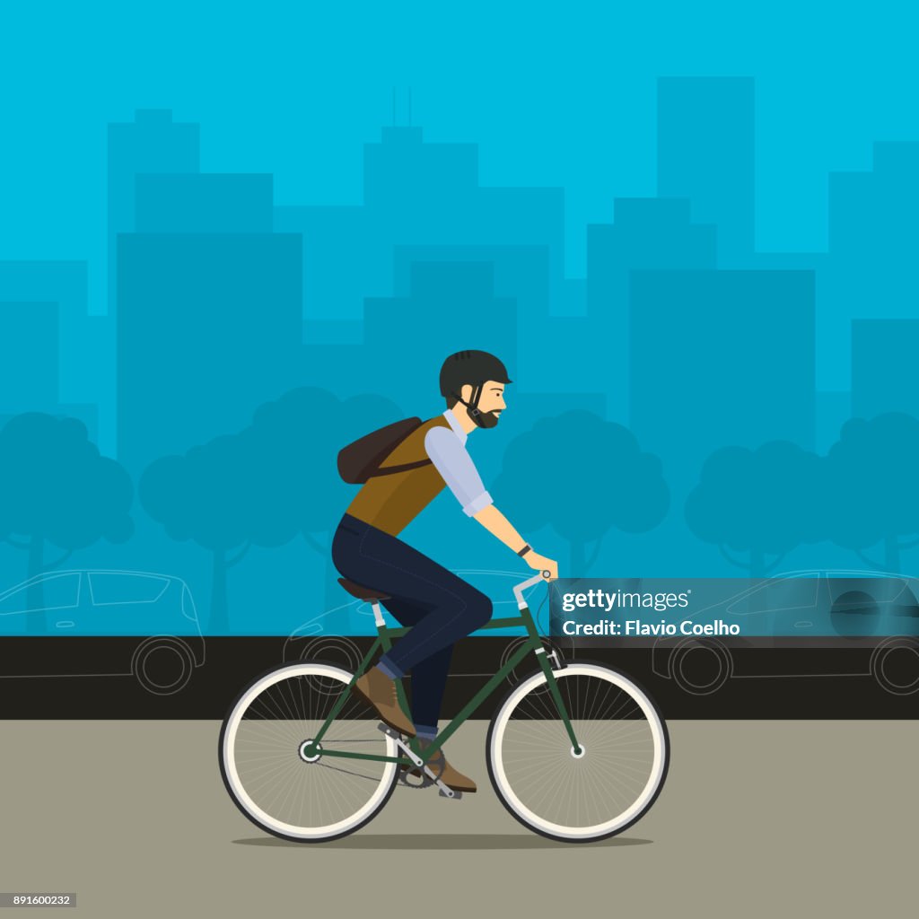 Man riding bicycle on city street illustration