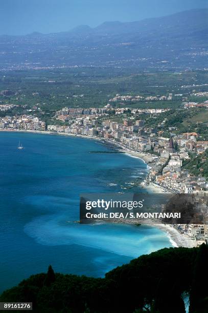 High angle view of a coastline, Naxos Gardens, Taormina, Sicily, Italy