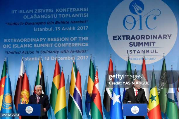 Turkish President Recep Tayyip Erdogan and Palestinian President Mahmoud Abbas hold a press conference following the Extraordinary Summit of the...