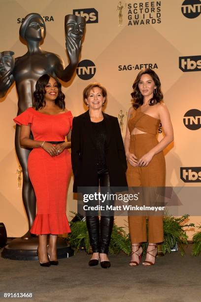 Actor Niecy Nash, SAG-AFTRA President Gabrielle Carteris, and actor Olivia Munn pose during the 24th Annual SAG Awards Nominations Announcement at...