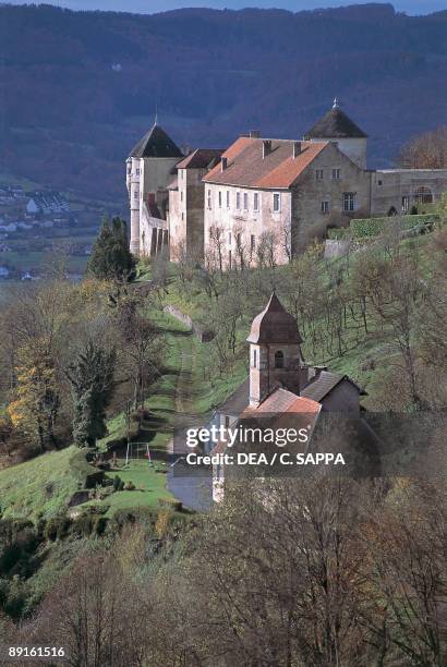 High angle view of a castle on a mountain, Belvoir, Franche-Comte, France