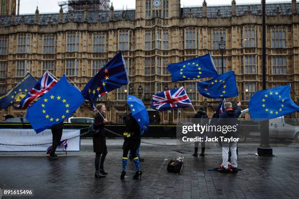 Anti-brexit demonstrators gather with European Union flags outside the Houses of Parliament on December 13, 2017 in London, England. MPs are debating...