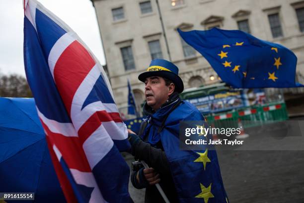 Anti-brexit demonstrators gather with European Union flags outside the Houses of Parliament on December 13, 2017 in London, England. MPs are debating...