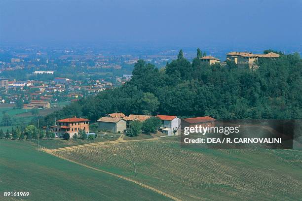 Aerial view of buildings on a landscape, Felino, Emilia-Romagna, Italy