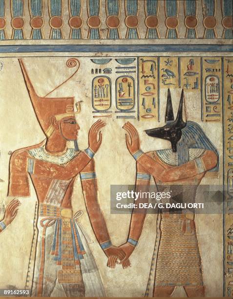 Egypt, Ancient Thebes, Valley of the Queens, mural of Ramses III and god Anubis
