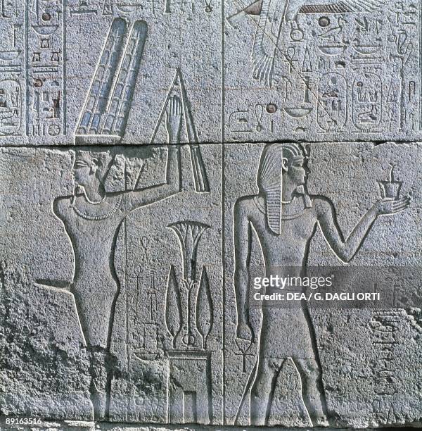 Egypt, Ancient Thebes, Luxor, Karnak, relief of god Min and Philip III Arrhidaeus at Great Temple of Amon