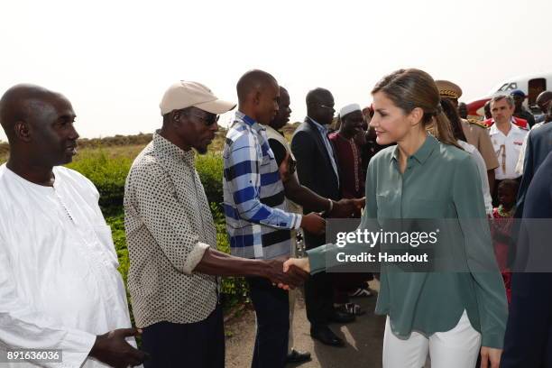 In this handout image provided by the Spanish Royal Household, Queen Letizia of Spain greets people during her visit on December 13, 2017 in...