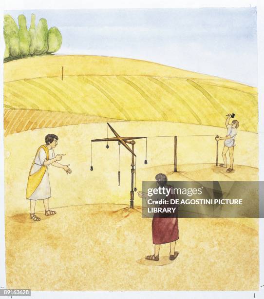 Illustration representing land surveyors using surveying instrument 'groma', Roman civilization, Italy