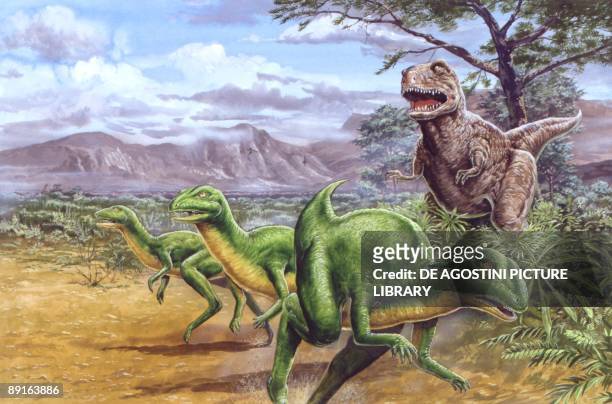 Illustration of Albertosaurus chasing three Parksosaurus dinosaurs