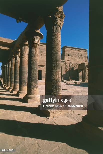 Egypt - Nubian monuments at Philae . First pylon of Nectanebo I. View from western colonnade