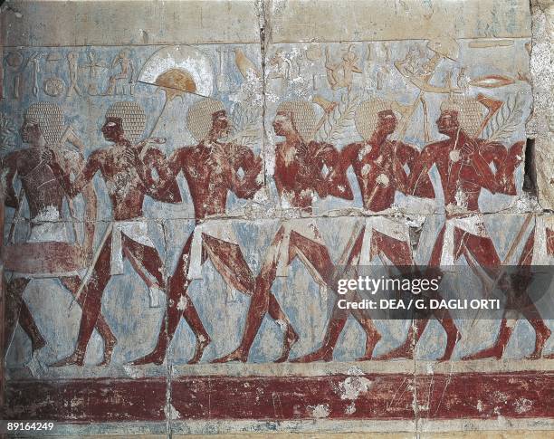 Egypt, Ancient Thebes, Dayr al-Bahri, Valley of the Kings, Painted relief of Punt expedition at Temple of Hatshepsut