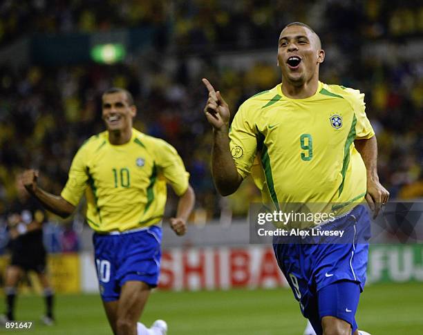 Ronaldo of Brazil celebrates scoring the winning goal during the FIFA World Cup Finals 2002 Semi-Final match between Brazil and Turkey played at the...