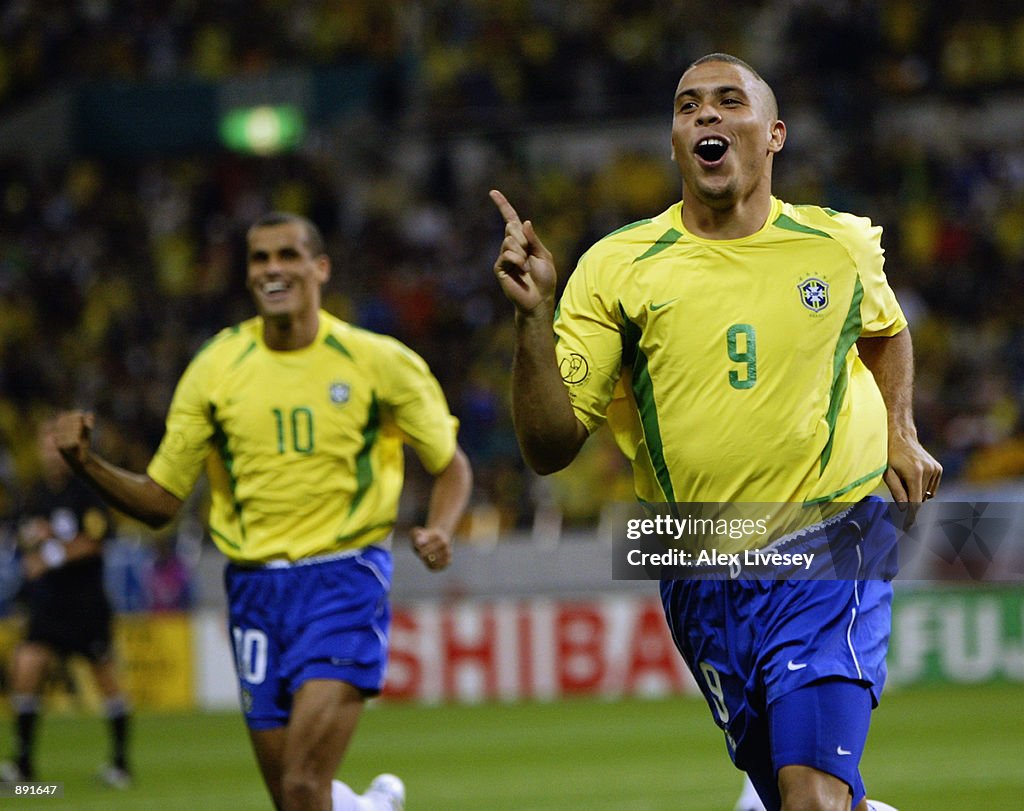 Ronaldo of Brazil celebrates scoring the winning goal