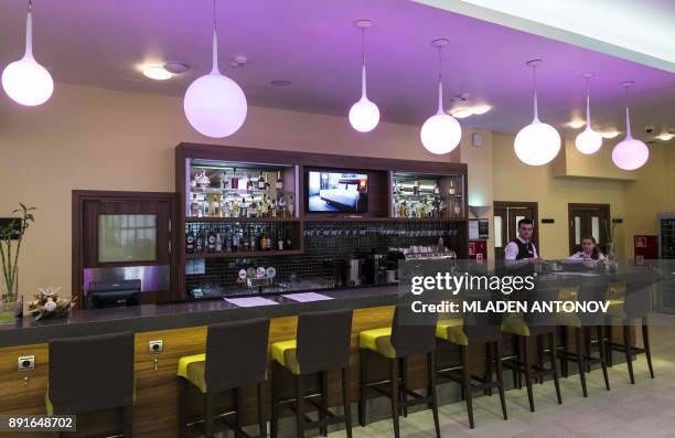 Picture taken on December 13, 2017 shows a bar at the four-star Hilton Garden Inn Moscow New Riga hotel which was chosen to be France's national...