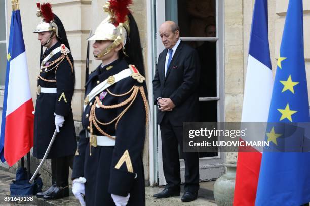 French foreign affairs minister Jean Yves Le Drian stands at the entrance of the castle of la Celle Saint cloud for a summit from the underfunded G5...