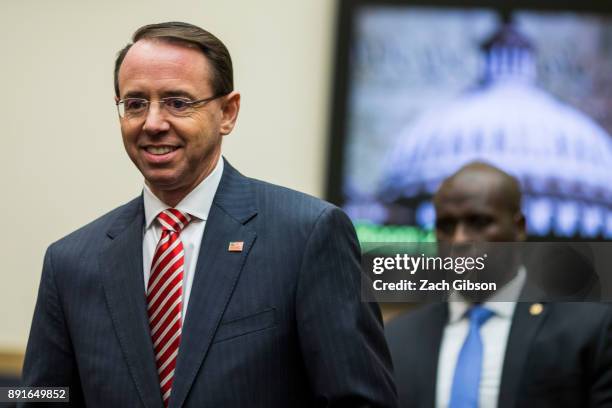 Deputy Attorney General Rod Rosenstein arrives before testifying during a a House Judiciary Committee hearing on December 13, 2017 in Washington, DC.