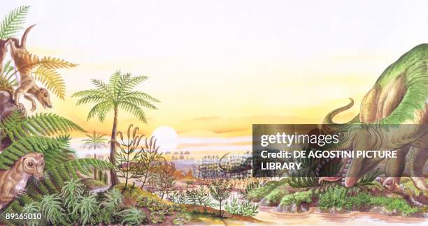 Illustration of dinosaurs in Jurassic Period landscape