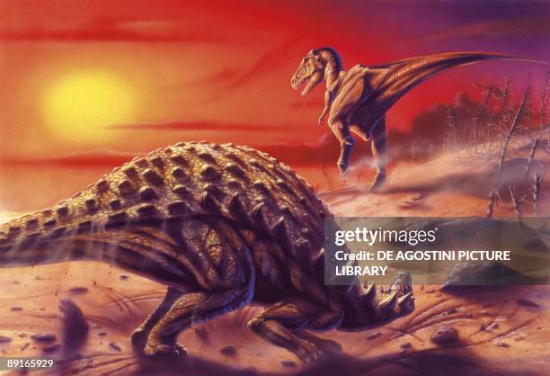 Illustration of Sauropelta and Albertosaurus