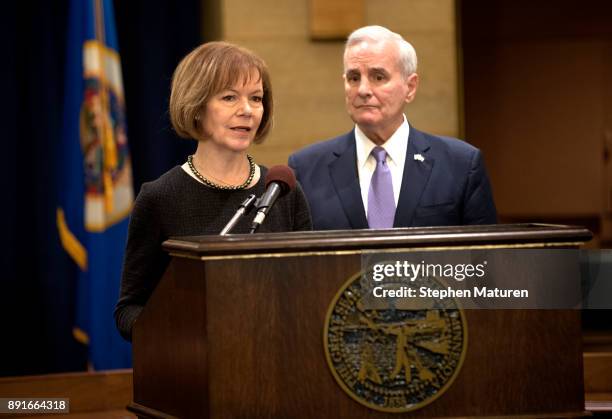 Minnesota Governor Mark Dayton introduces Lt. Governor Tina Smith as the replacement to Senator Al Franken on December 13, 2017 at the Minnesota...