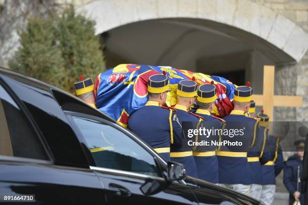 Coffin of King Michael I of Romania at Castle Peles on December 13, 2017. A ceremony was held at the airport in the presence of the five daughters of...