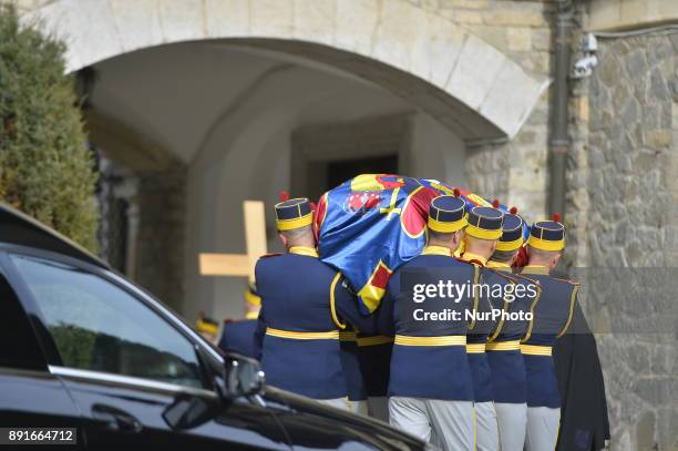 Coffin of King Michael I of Romania at Castle Peles on December 13, 2017. A ceremony was held at the airport in the presence of the five daughters of...