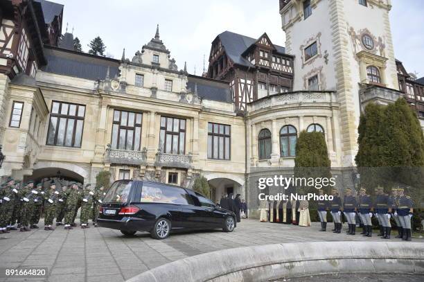 Coffin of King Michael I of Romania at Castle Peles on December 13, 2017. A ceremony was held at the airport in the presence of the five daughters of...