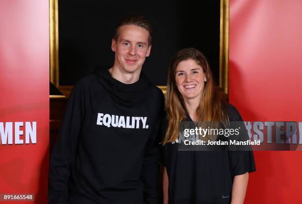 Stefan Johansen and Maren Mjelde pose for a photo during the Football Association of Norway National Team Equal Pay Agreement Announcement at the...