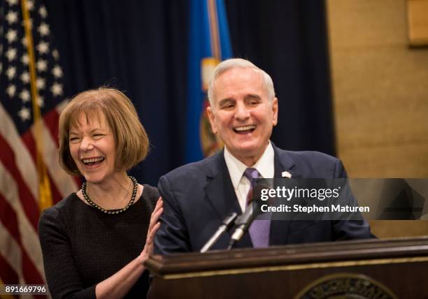 Minnesota Governor Mark Dayton fields questions after introducing Lt. Governor Tina Smith as the replacement to Senator Al Franken on December 13,...