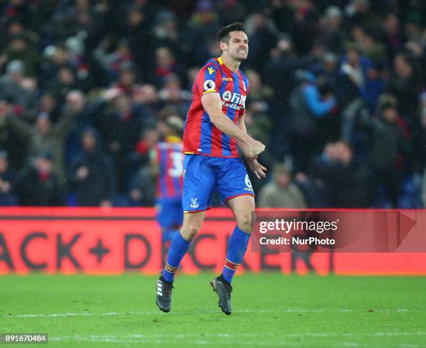 Crystal Palace's Scott Dann celebrates his sides first goal during Premier League match between Crystal Palace and Watford at Selhurst Park Stadium,...