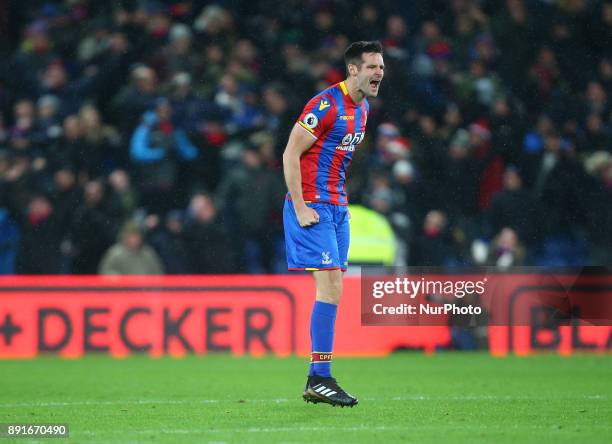 Crystal Palace's Scott Dann celebrates his sides first goal during Premier League match between Crystal Palace and Watford at Selhurst Park Stadium,...