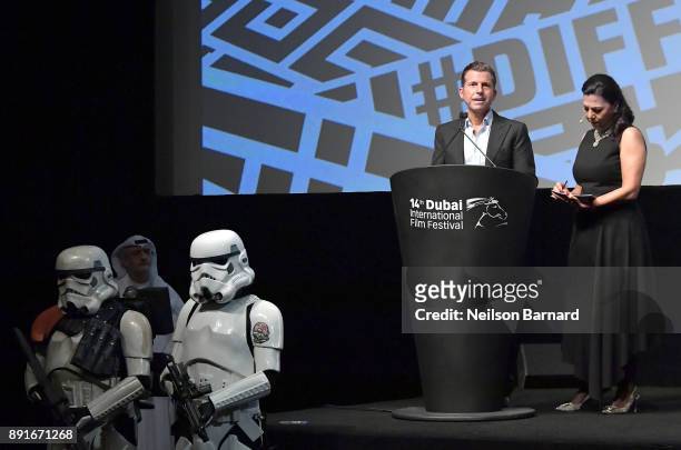 Vice President of Disney Chafic Najia speaks at the "Star Wars: The Last Jedi" Closing Night Gala on day eight of the 14th annual Dubai International...