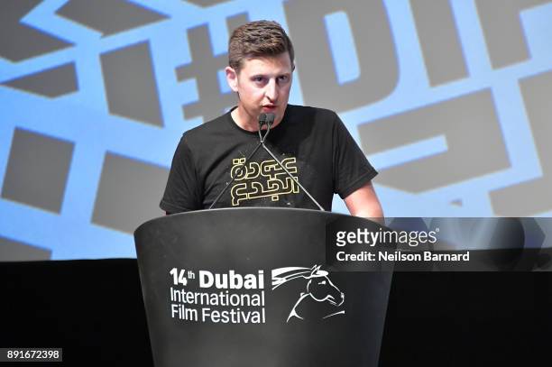 Ben Amy speaks at the "Star Wars: The Last Jedi" Closing Night Gala on day eight of the 14th annual Dubai International Film Festival held at the...