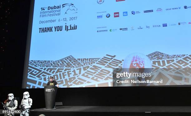 Ben Amy speaks at the "Star Wars: The Last Jedi" Closing Night Gala on day eight of the 14th annual Dubai International Film Festival held at the...