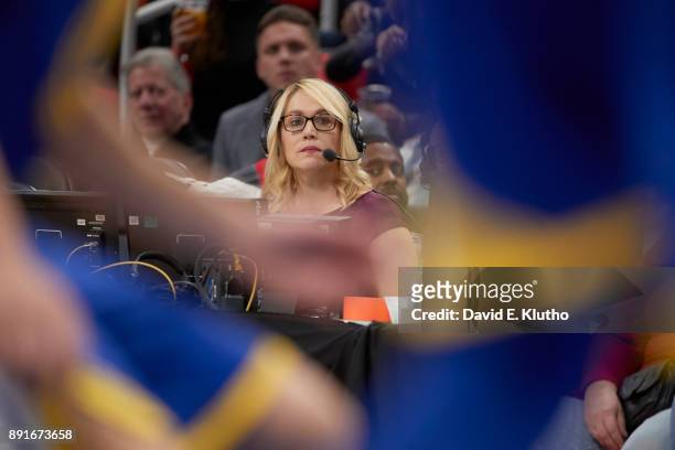 Closeup of ESPN NBA analyst Doris Burke during telecast of Detroit Pistons vs Golden State Warriors game at Little Caesars Arena. Detroit, MI...