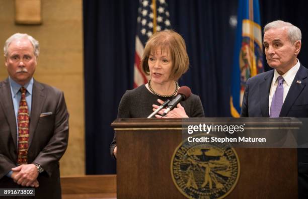 Minnesota Lt. Governor Tina Smith fields questions after being named the replacement to Sen. Al Franken by Governor Mark Dayton on December 13, 2017...
