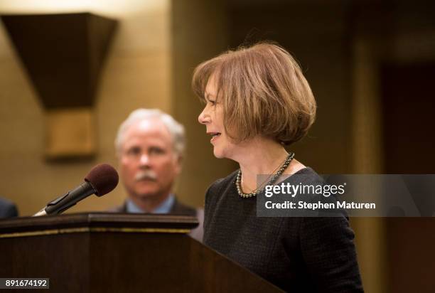 Minnesota Lt. Governor Tina Smith speaks after being named the replacement to Sen. Al Franken by Governor Mark Dayton on December 13, 2017 at the...