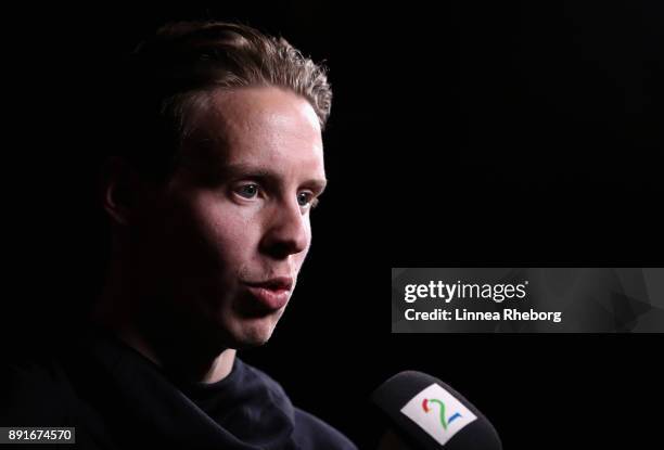 Stefan Johansen is interviewed by the media during the Football Association of Norway National Team Equal Pay Agreement Announcement at the Norwegian...