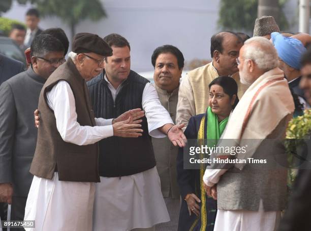 Prime Minister Narendra Modi, Sushma Swaraj, Rahul Gandhi and LK Advani during the anniversary of 2001 Parliament Attack at Parliament House on...