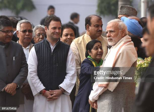 Prime Minister Narendra Modi, Sushma Swaraj, Rahul Gandhi and LK Advani during the anniversary of 2001 Parliament Attack at Parliament House on...