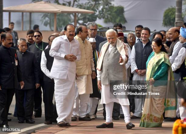 The Vice President of India Vankaiyah Naidu, Prime Minister Narendra Modi, Sumitra Mahajan, and Rahul Gandhi during the anniversary of 2001...