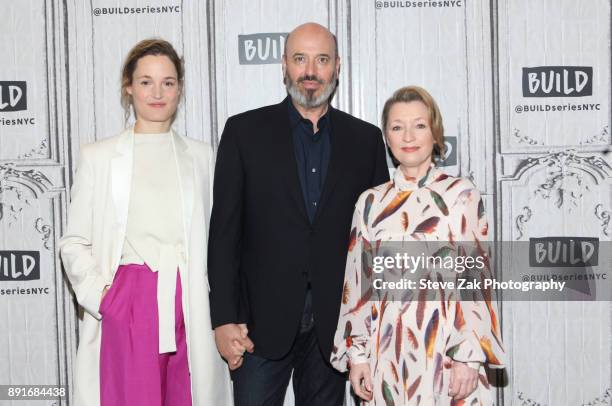 Vicky Krieps, Mark Bridges and Lesley Manville attend Build Series to discuss "Phantom Thread" at Build Studio on December 13, 2017 in New York City.