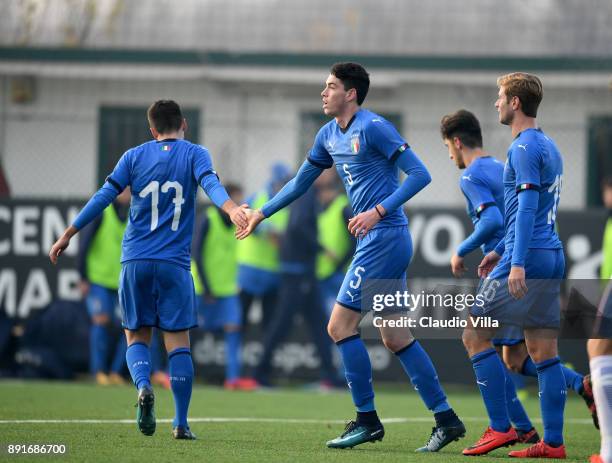 Alessandro Bastoni of Italy celebrates after scoring the fifth goal during the international friendly match between Italy U19 and Finland U19 on...